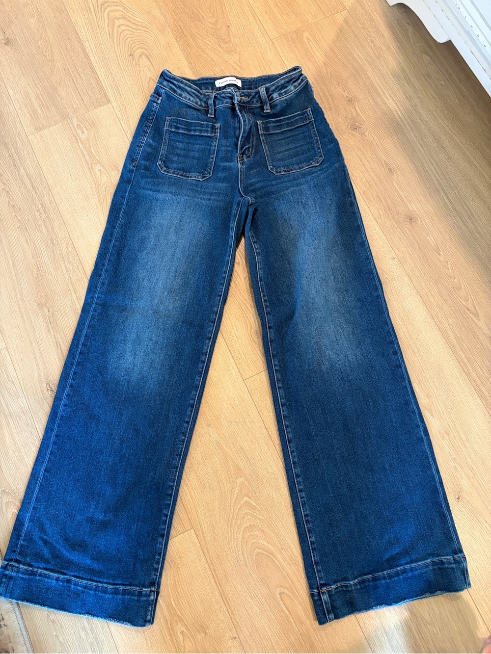 Flying Monkey Wide Leg Dark Blue Denim Jeans with Front Patch Pockets